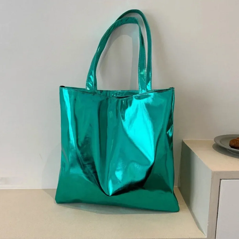 METALLIC Green PU Leather Square Shoulder Tote Bag Unisex Streetwear Handbag NWT